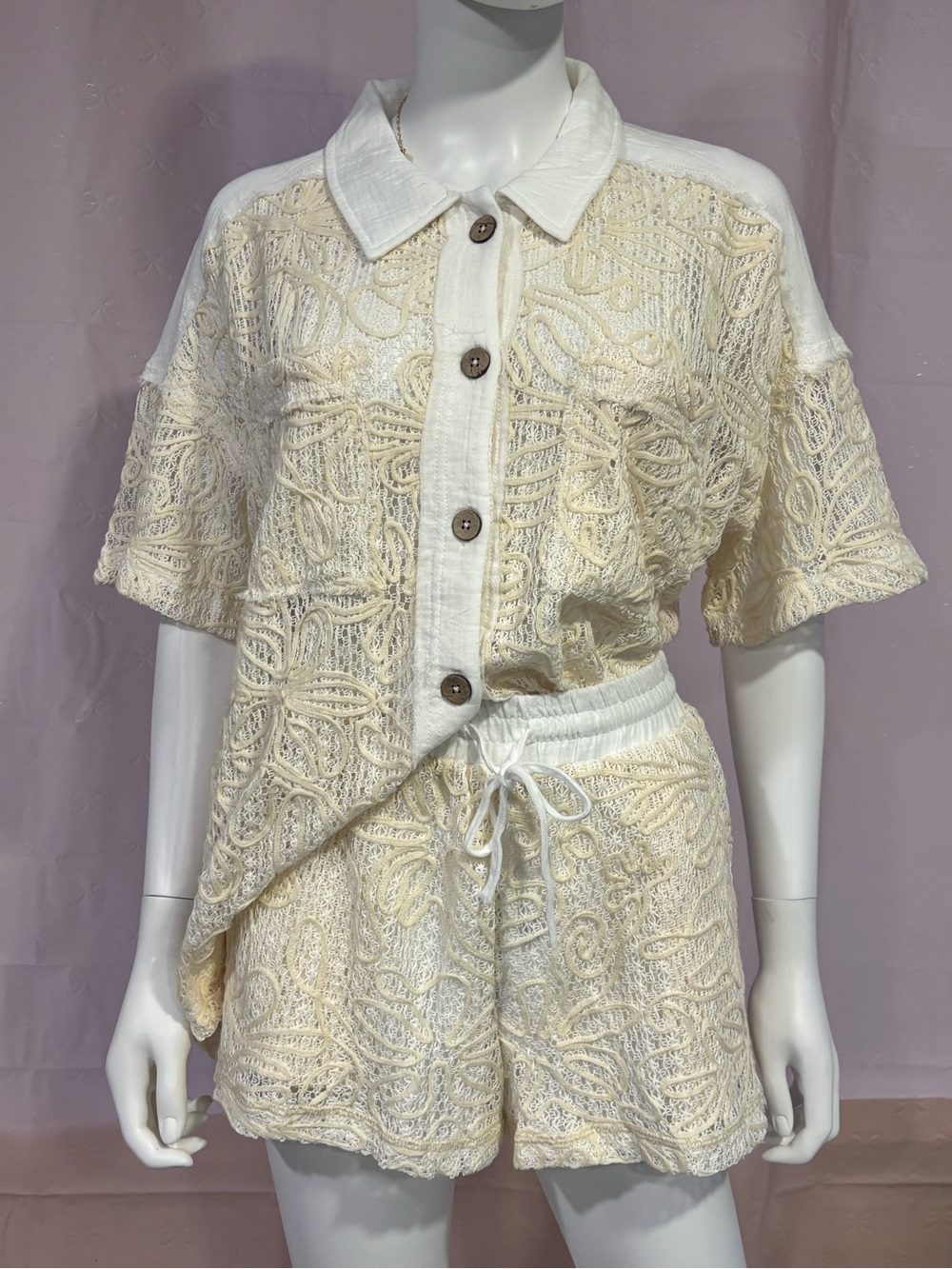 Cream Lace Button-Front Top and Drawstring Shorts Set